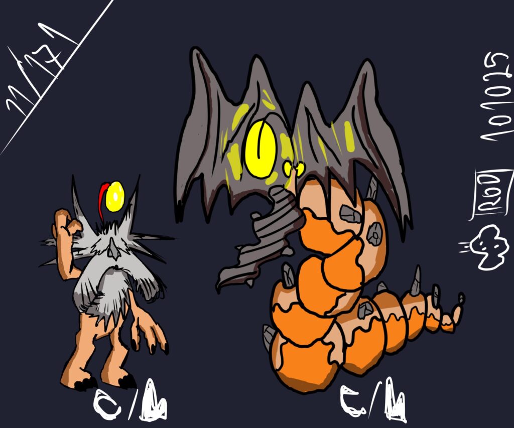 Worm people. They like to explore caves, using their glowing organ on their head. Its evolved form allows it to enter claustrophobic places, its hair has now become a rock helmet and drill. Dark and rock.