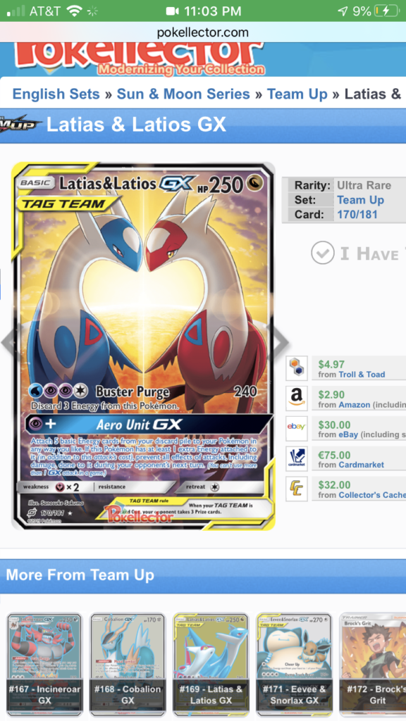 Here's a screenshot from January 2021 of the Latios Latias Tag Team card prices...tragic