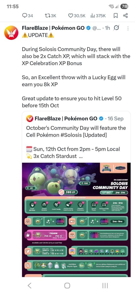 2x xp for Solosis Community Day?