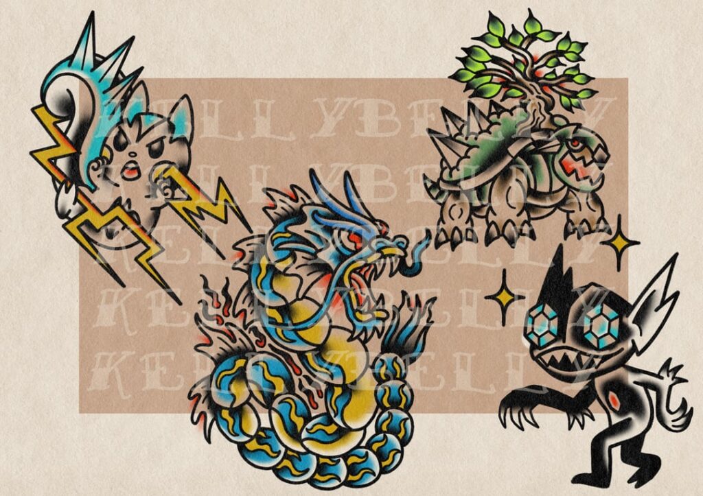 I’m a tattoo apprentice and here’s a BUNCH of my Pokemon designs I’ve drawn so far😁