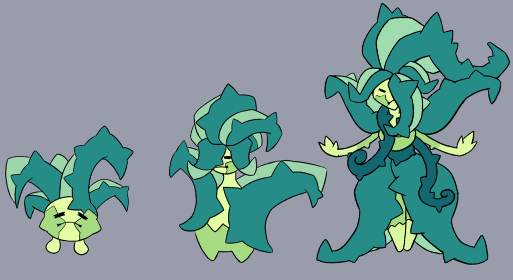 Regional Oddish and two of its unique evolutions based on aloe vera