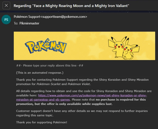 Support emails to Pokemon automatically reply with the Legendary event, regardless of message
