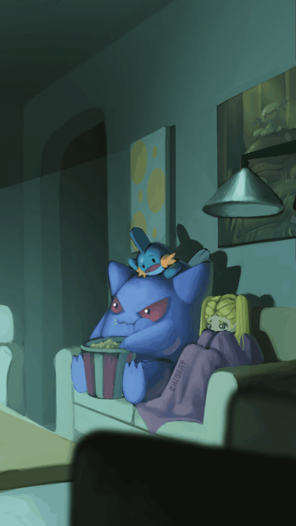 [OC] Spooktober Pokémon Illustration #4 – Gengar Watching a Horror Movie 👻🍿