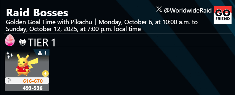 Golden Goal Time with Pikachu｜Monday, October 6, at 10:00 a.m. to Sunday, October 12, 2025, at 7:00 p.m. local time(TIER1: Pikachu wearing an Indonesia football jersey / This is an event exclusive to Indonesia. / Pikachu is available via Remote Raids.)