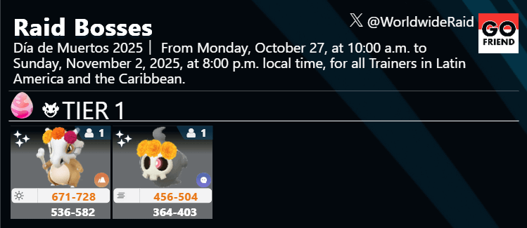 Día de Muertos 2025｜Mon, Oct 27, 2025, 10am - Sun, Nov 2, 2025, 8pm local time. For Trainers in Latin America & Caribbean.（TIER1: Cubone wearing a cempasúchil crown,Duskull wearing a cempasúchil crown / Raid Battles can be joined remotely.)