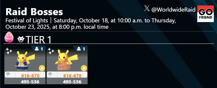 Festival of Lights｜Saturday, October 18, at 10:00 a.m. to Thursday, October 23, 2025, at 8:00 p.m. local time(TIER1: Pikachu wearing a saree,Pikachu wearing a kurta / This is an event exclusive to India. / Pikachu is available via Remote Raids.)
