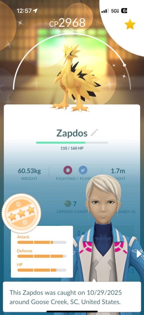 I found an orange Zapdos in the wild yesterday but it got it away. I found a shiny one in the same spot today