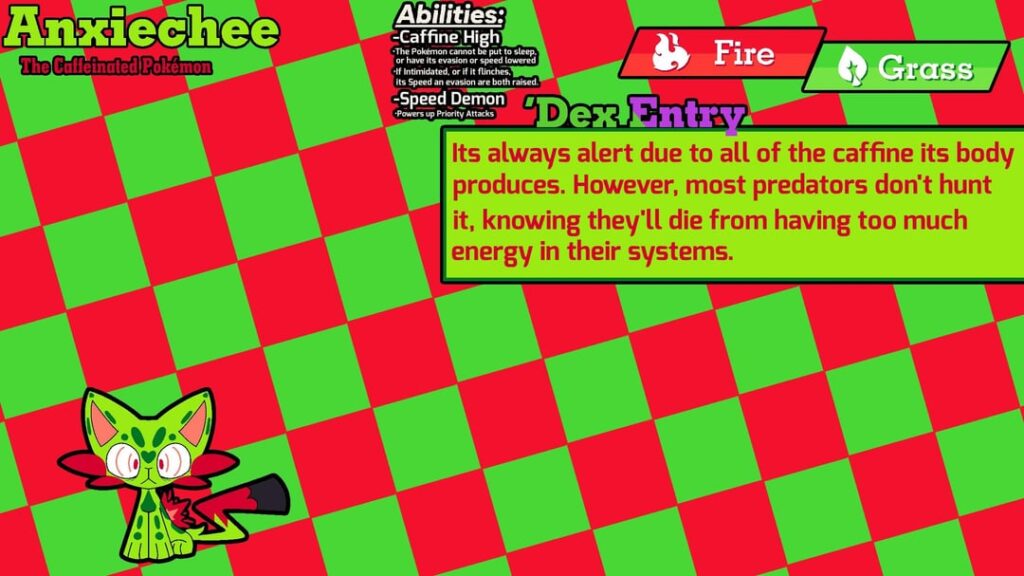 I made a Fire-Grass type Cheetah Pokemon based off of Coffee.