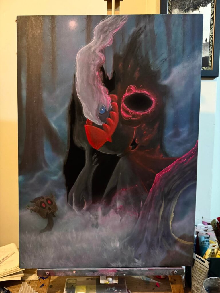[OC] Darkrai - acrylic on canvas with fluor pigments, a little difficult to take the pic because of my light 😾