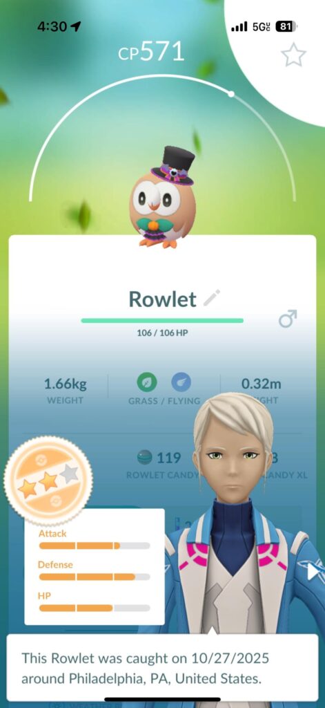 Event Rowlet hatched from daily 1km egg