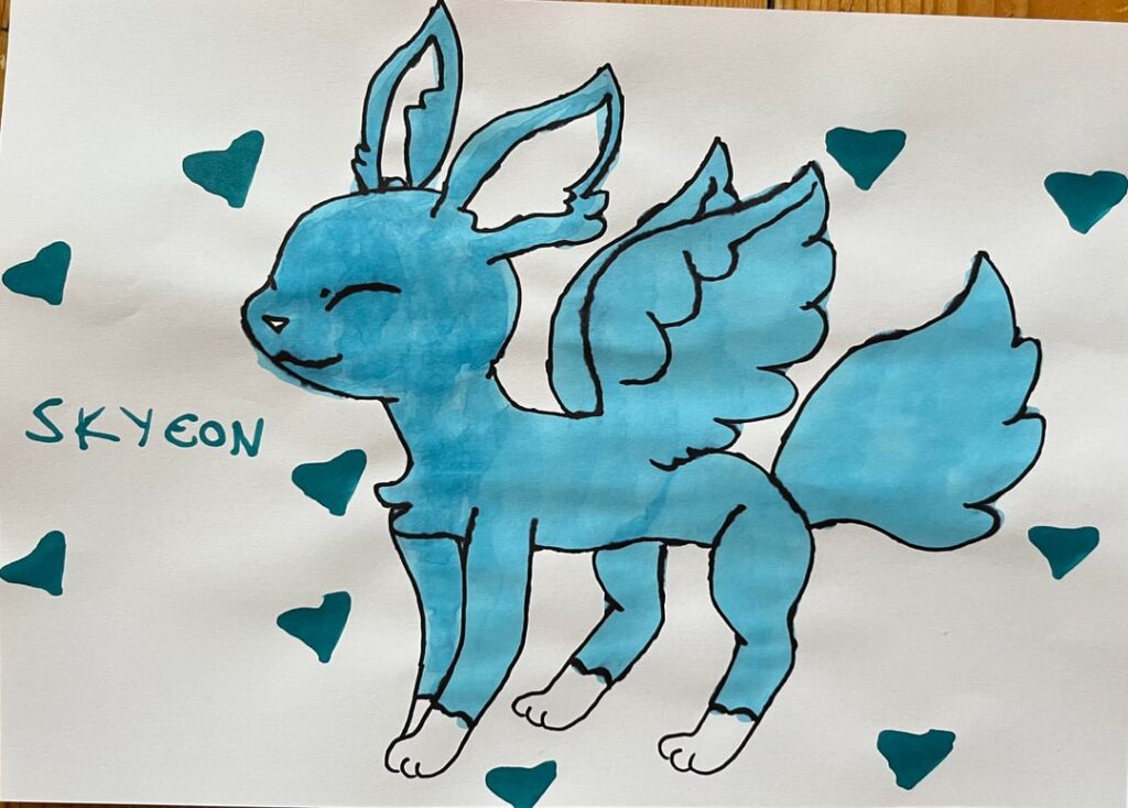 My younger sister’s Eeveelution design - Skyeon + Shiny