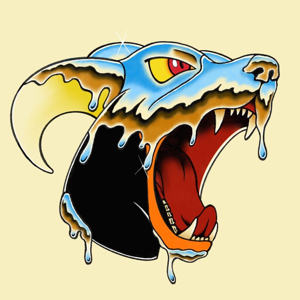 Chrome-drip Houndoom traditional tattoo I made