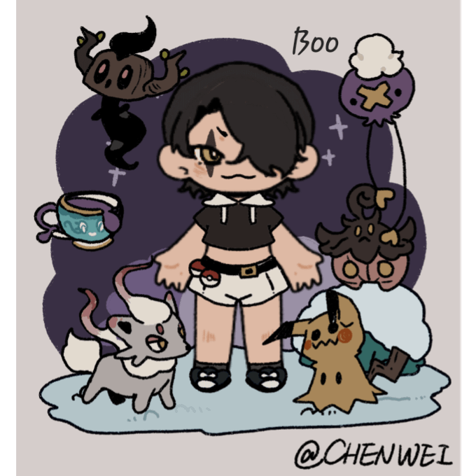 This is Boo my "evil team leader" oc. You see, he thinks he's an evil team leader and that he's supper scary, but in reality, he loves his pokemon, is terrible at battling, and his evil meetings look suspiciously like little tea and cookie picnics with his pokemon