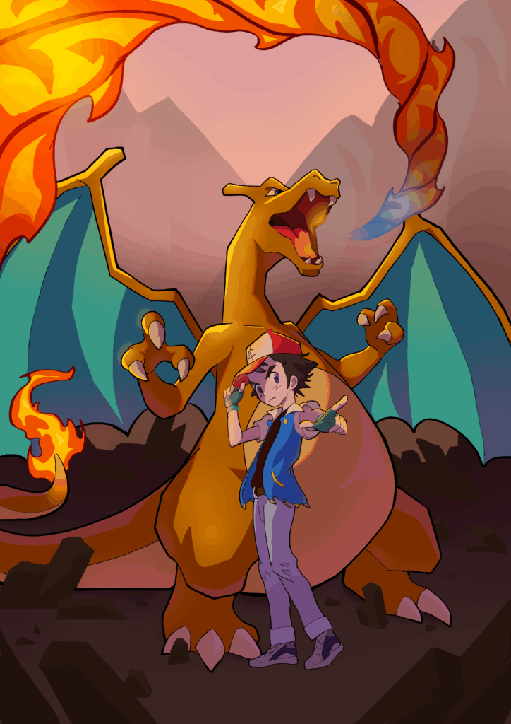 Let's burn it down Charizard! (art I made recently inspired by anime. what do you think?)