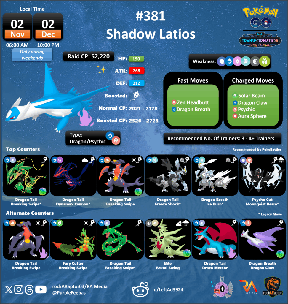 Shadow Latios - Pokémon GO - Nov 02 to Dec 02 - Only During Weekends
