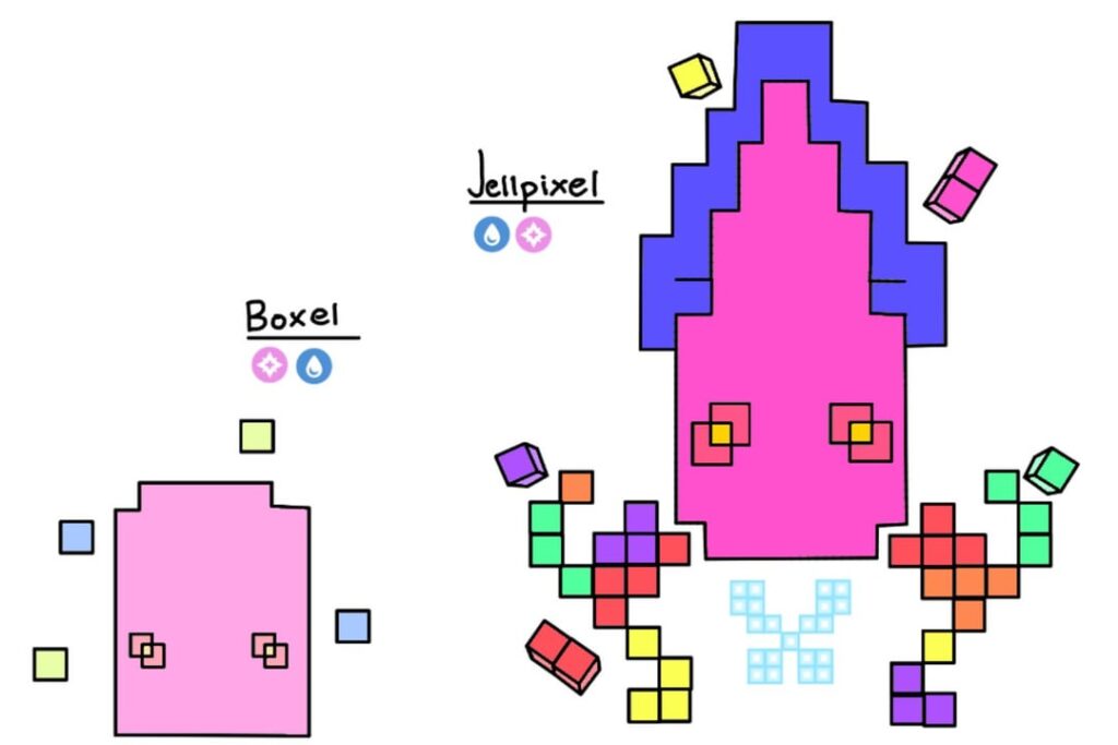 Two fakemon shoot out of the abandoned arcade! Boxel and Jellpixel! What are your thoughts on this?