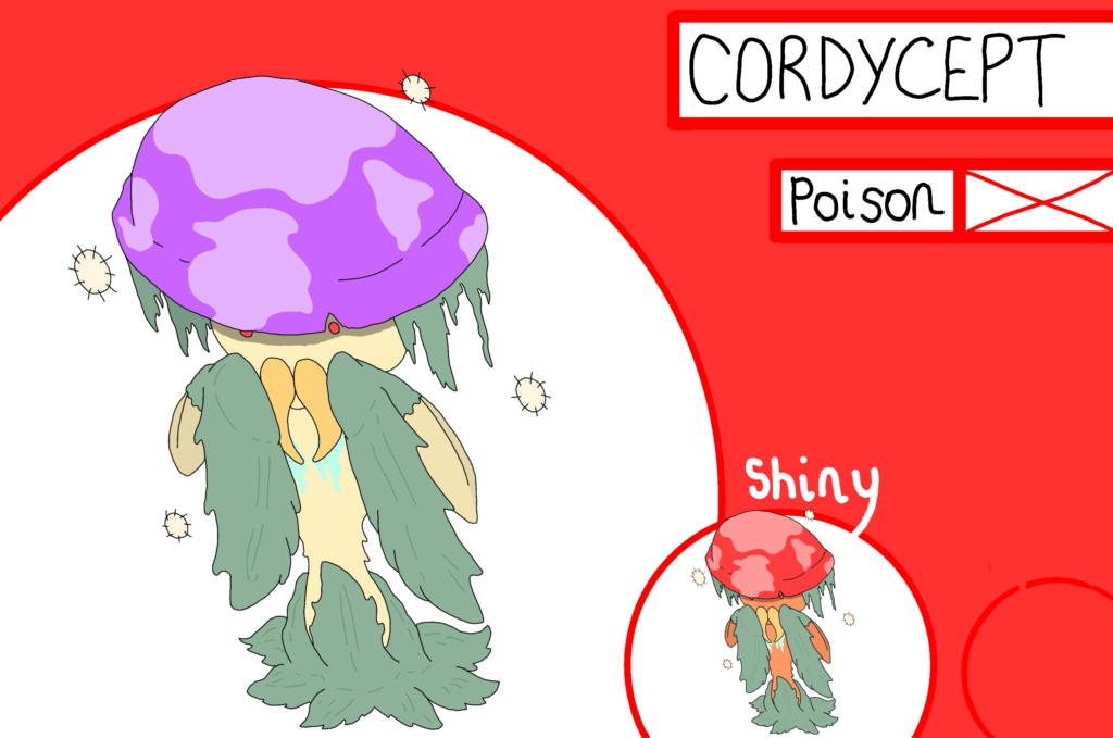 The Mushroom Wastes are dangerous. They host many different Pokemon who seem to hold a grudge against humanity- including this one, who devours them whole! Meet Cordycept, a Pokemon with a sadistic streak!