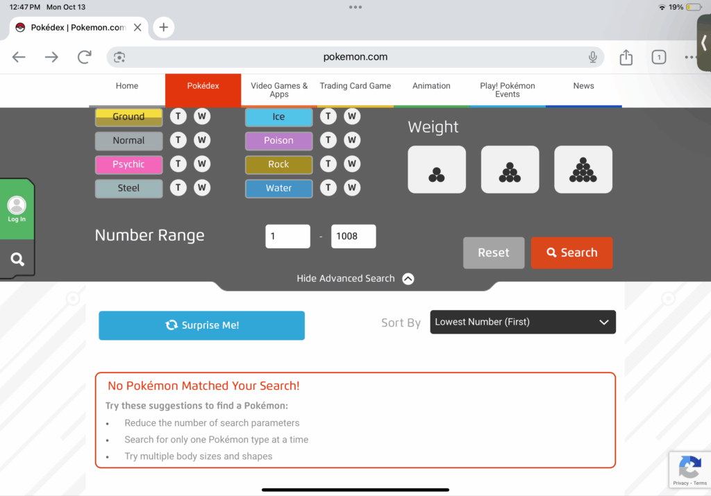 Help the Pokédex in the Pokemon website got broke