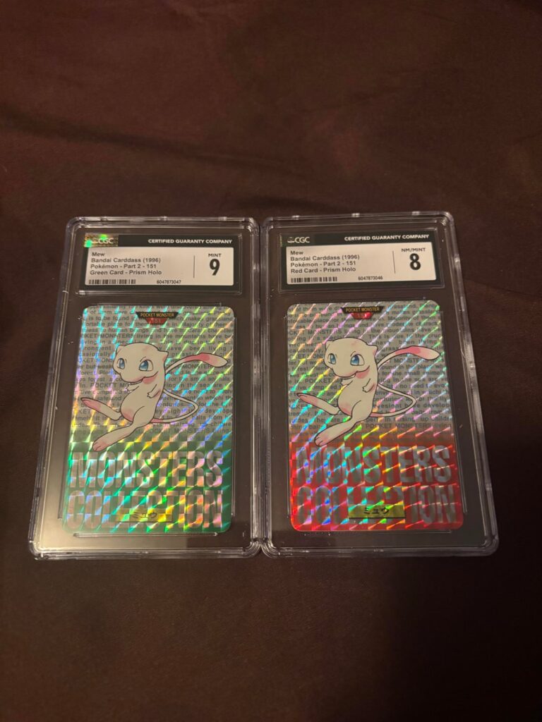 Just got back my two 1996 Mew Bandai Carddass cards, red and green. I’m happy with the grade; I thought they would be lower, like a 7 or a 6. 😅 It took a long minute to get them back, but I’m happy overall.