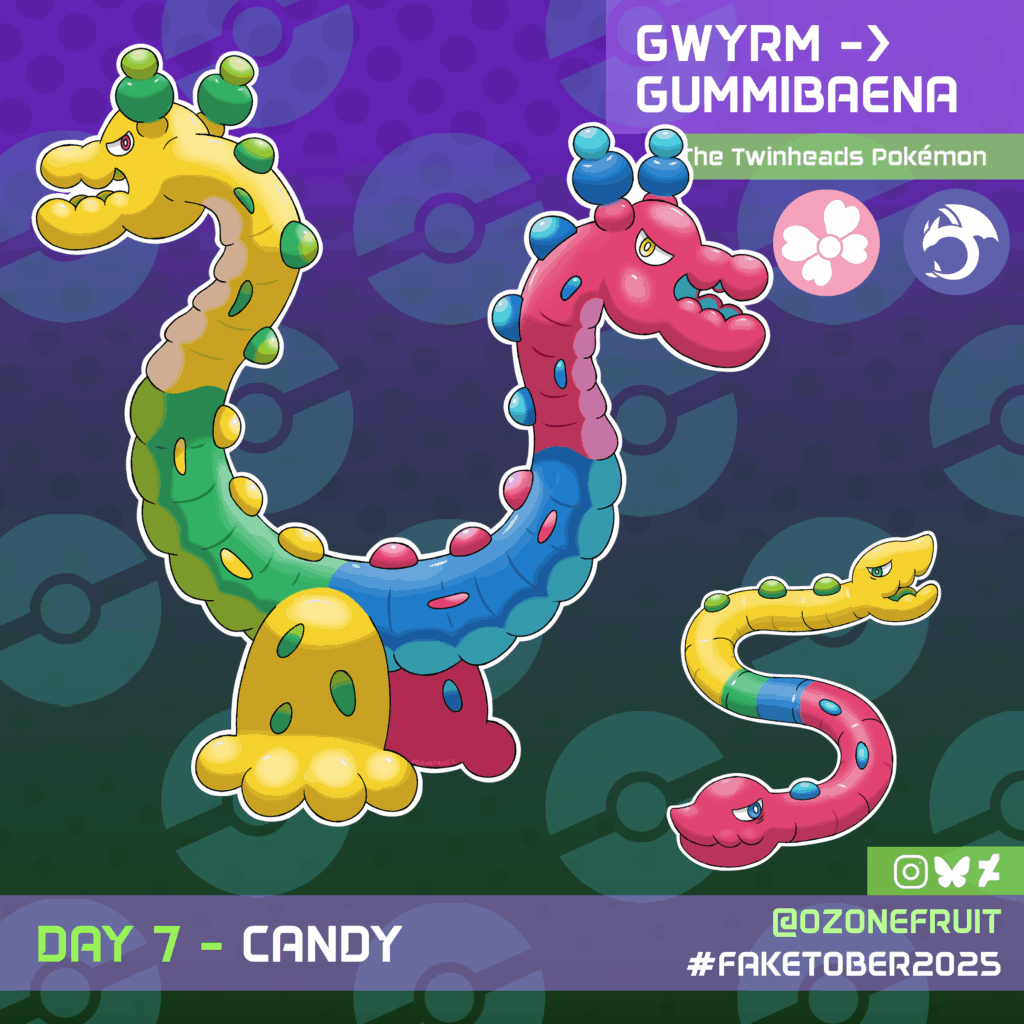 Gummy Worm Pokemon, Gwyrm and Gummibaena - Faketober 2025 Challenge