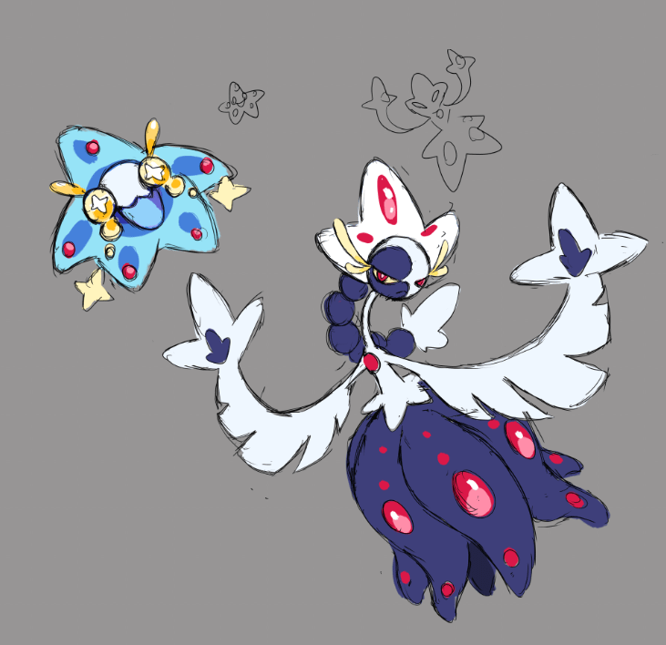 Another redesign of my very old childhood fakemon. The Psychic Ice type Starling and Nokstress