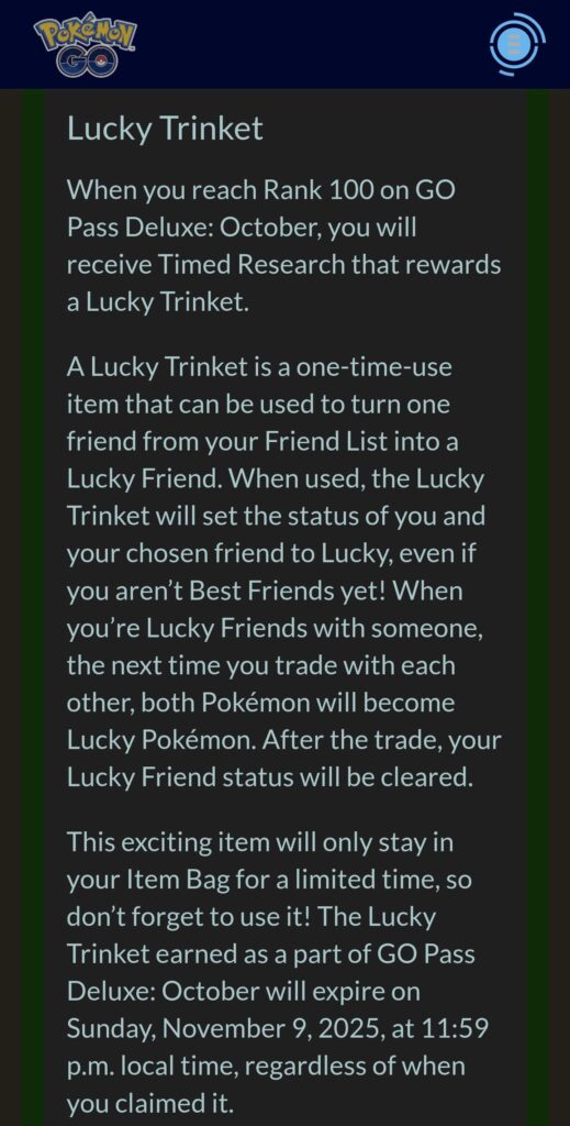 GO Pass October has been updated to include lucky trinket timed research upon reaching Rank 100