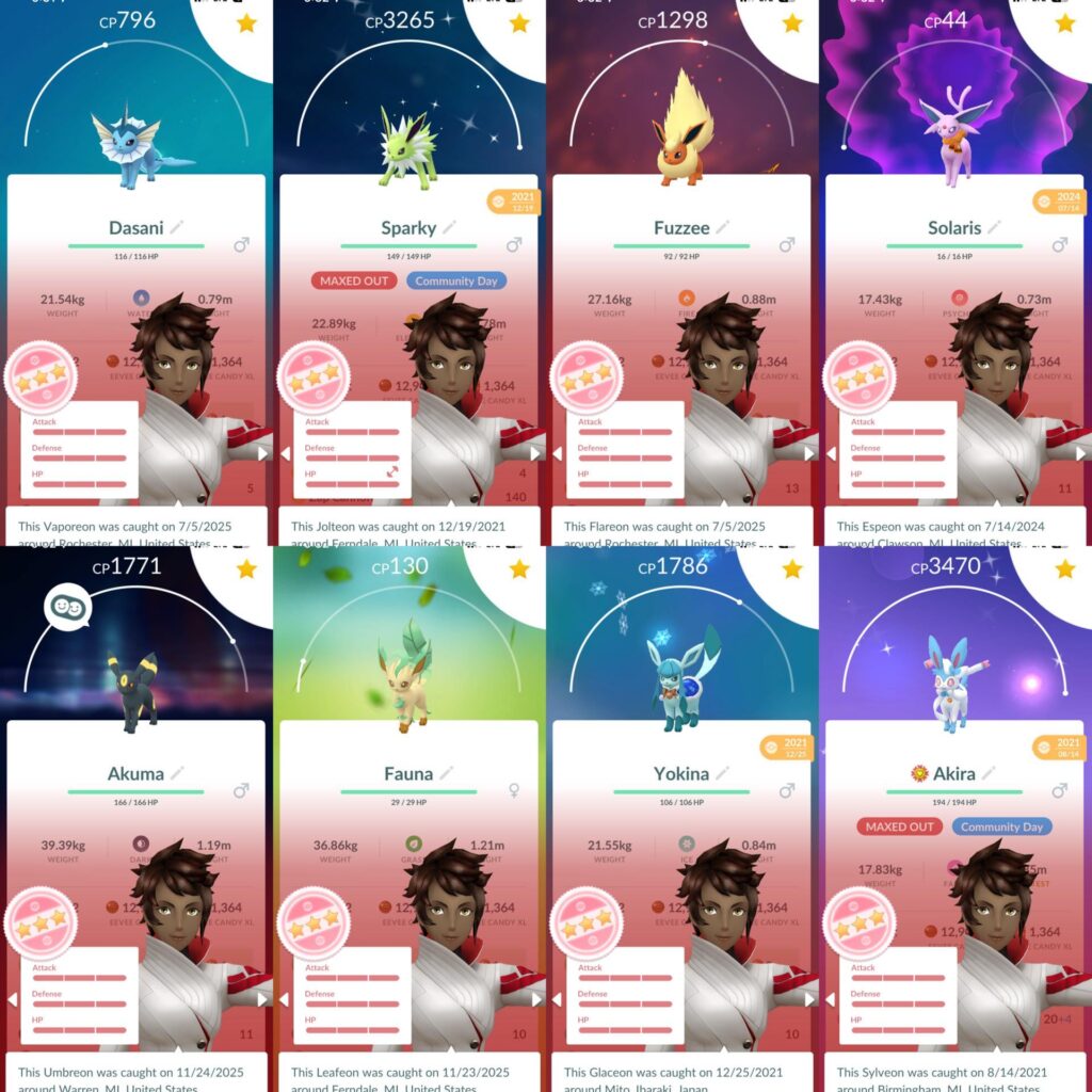 After years of playing this game, I finally have a hundo of each Eeveelution!