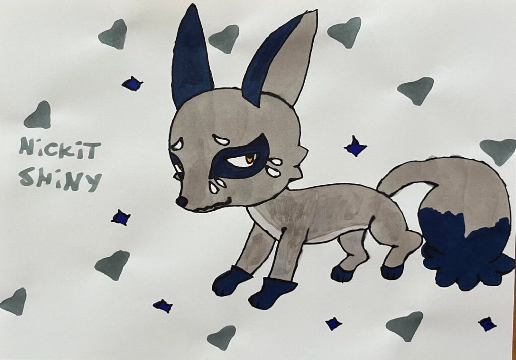 My younger sister drew shiny Nickit and Thievul