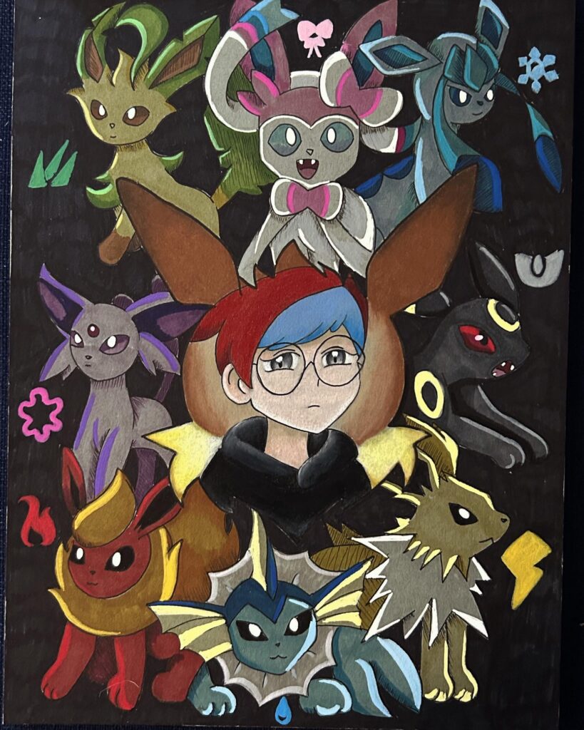 Penny and her eeveelutions (colored pencil/ acrylic markers)