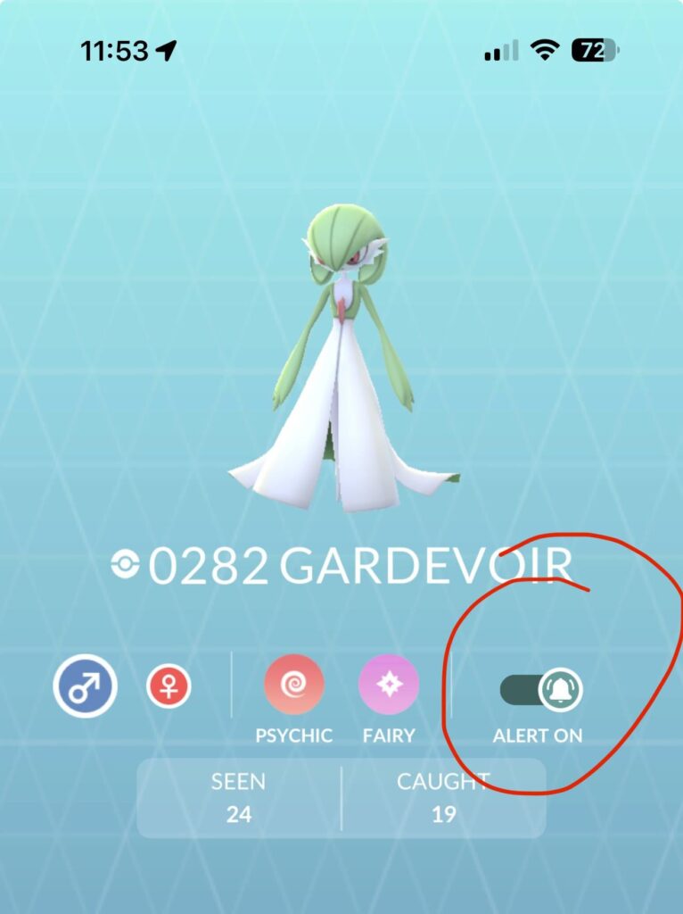 Use alert feature in the Pokédex for nearby mighty Pokémon