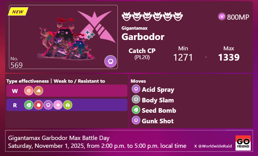 Gigantamax Garbodor Max Battle Day｜Saturday, November 1, 2025, from 2:00 p.m. to 5:00 p.m. local time(Six-star Max Battles : Gigantamax Garbodor)(Remote Raid limit increased to 20)