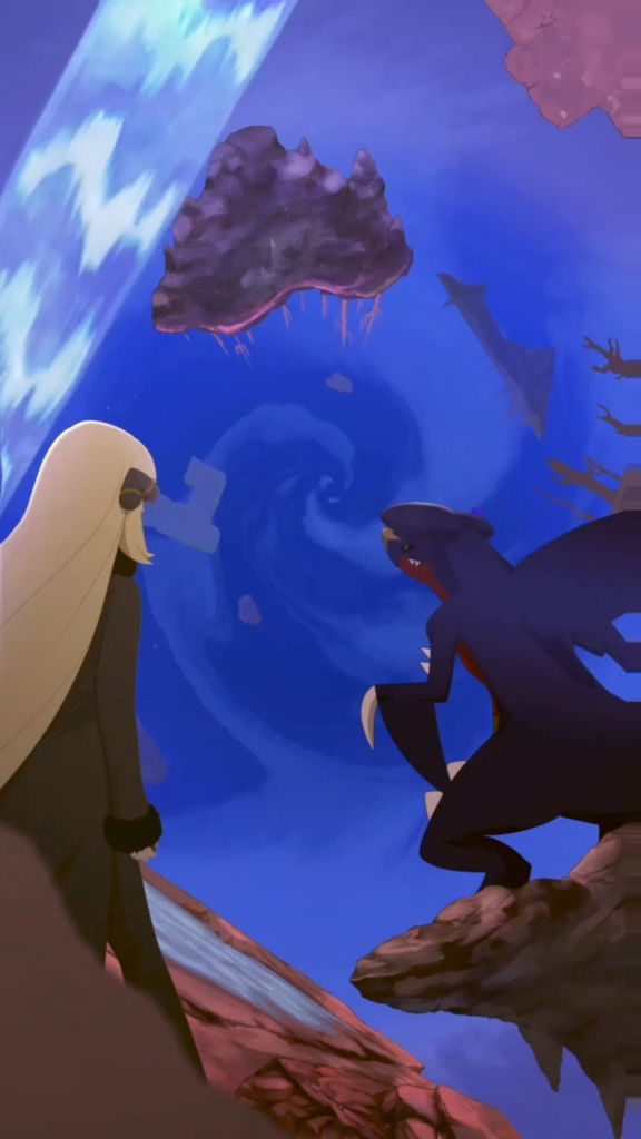 Animated Cynthia and Garchomp visiting the Distortion World! 🎃🌌