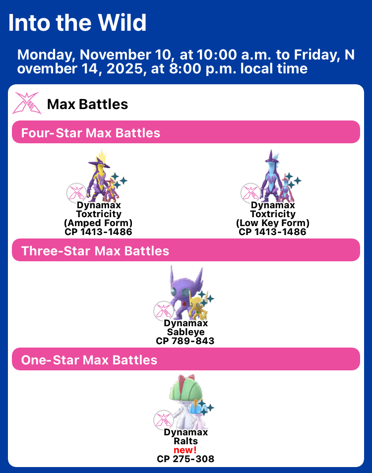 Into the Wild｜Max Battles｜Monday, November 10, at 10:00 a.m. to Friday, November 14, 2025, at 8:00 p.m. local time(TIER4: Dynamax Toxtricity(Amped Form),Dynamax Toxtricity(Low Key Form) / TIER3: Dynamax Sableye / TIER1: Dynamax Ralts)