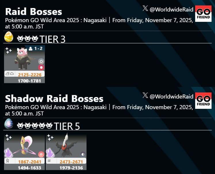 Pokémon GO Wild Area 2025 : Nagasaki｜From Friday, November 7, 2025, at 5:00 a.m. JST(TIER3: Bewear wearing a wilderness cape / Shadow Raid TIER5: Shadow Cresselia(Shiny Shadow debut!),Shadow Darkrai(Shadow & Shiny Shadow Debut!))