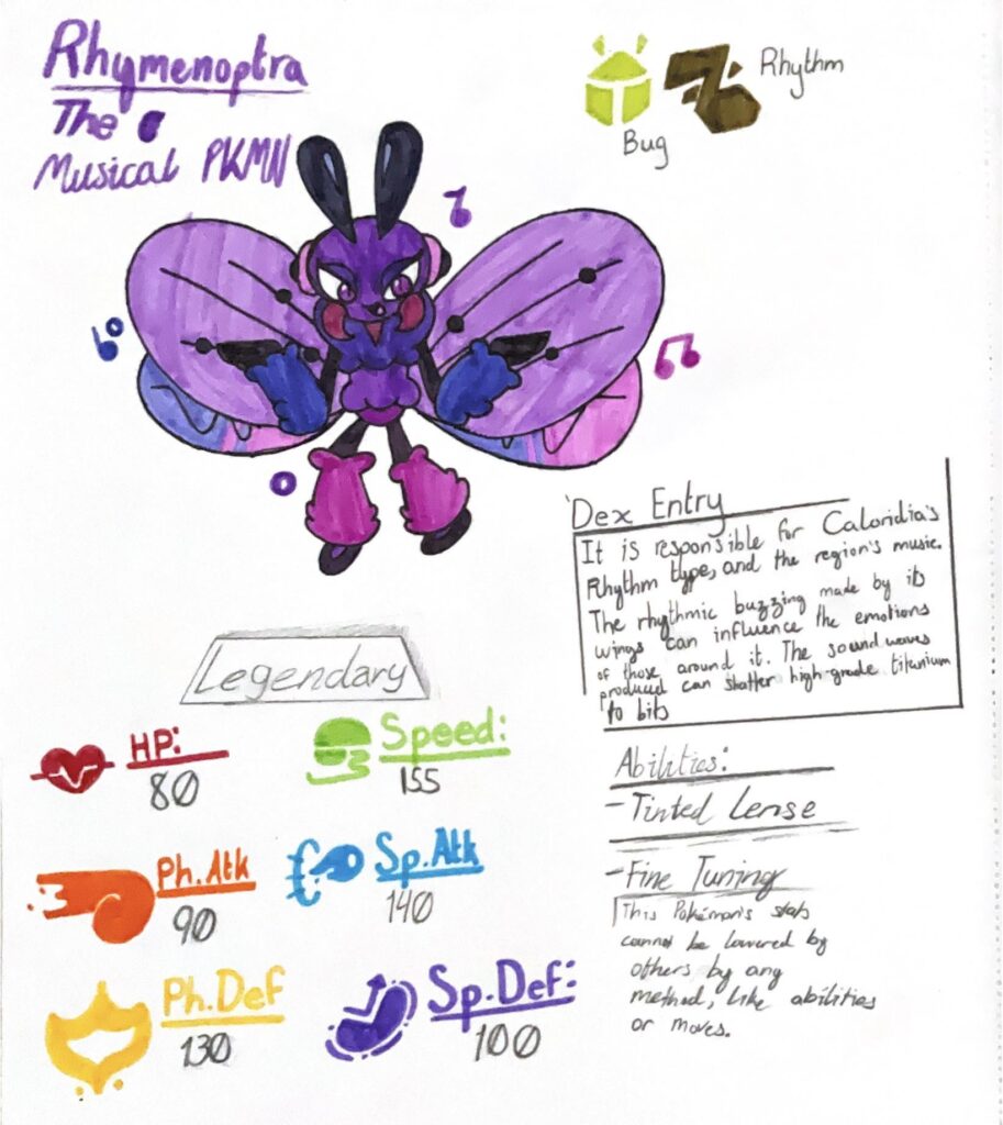 I’ve made a Legendary Bug-Type. I wanted a pair of bug legends for art and music and this one’s the latter. If anyone has a better idea for abilities or stat spread, let me know.