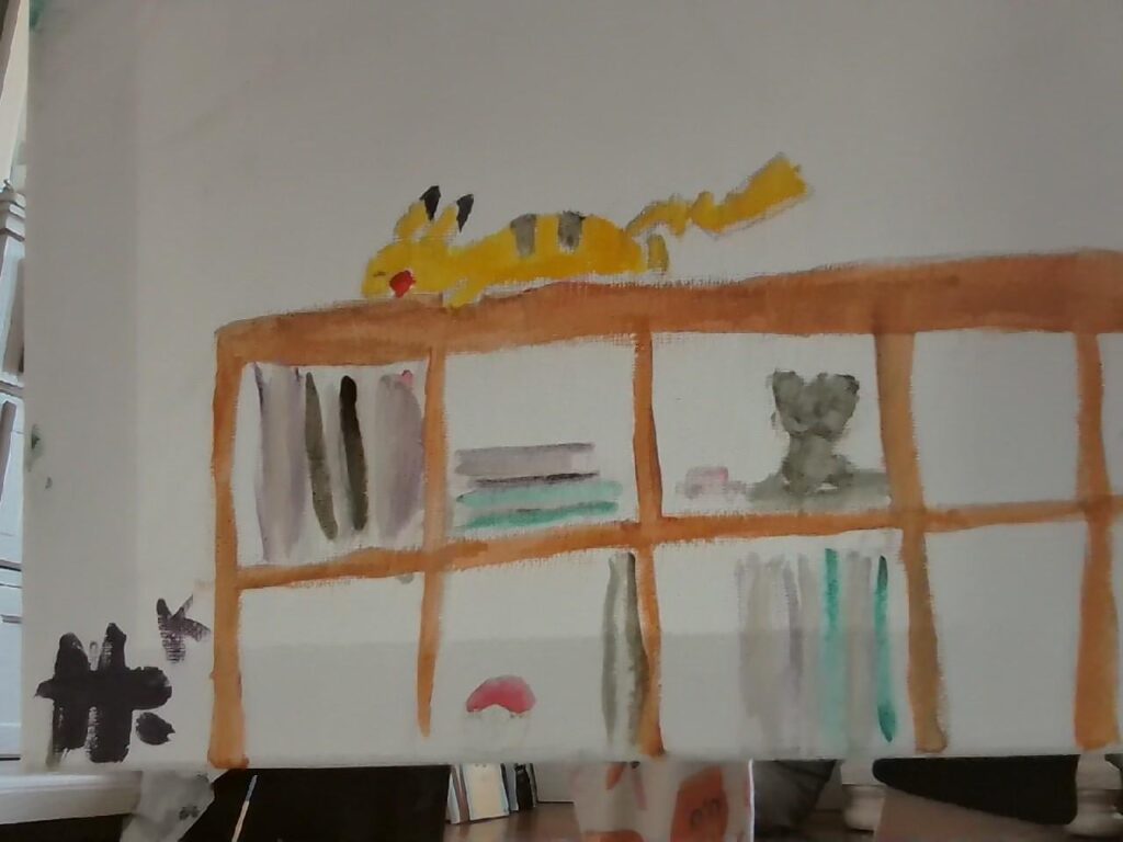 pikachu sleeping on the top of a bookshelf xD i hope u like it!!