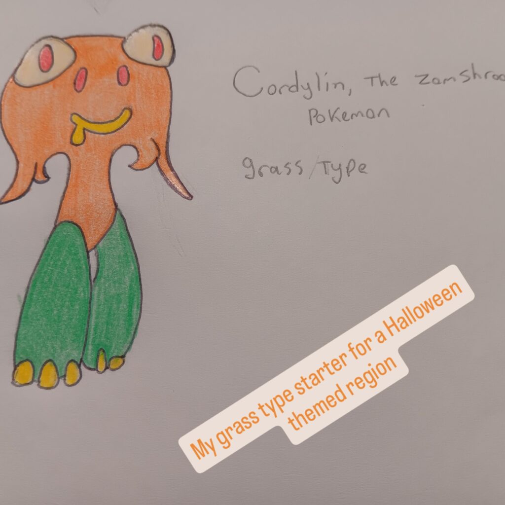 My Grass type starter for a Halloween inspired fakemon region. Meet Cordylin, the zomshroom pokemon