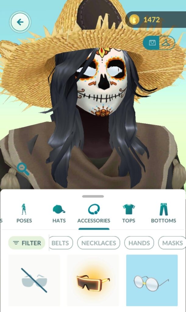 Tired of your avatar having eyes? Clemont Glasses go under the Dia De Los Muertos mask instead of over.