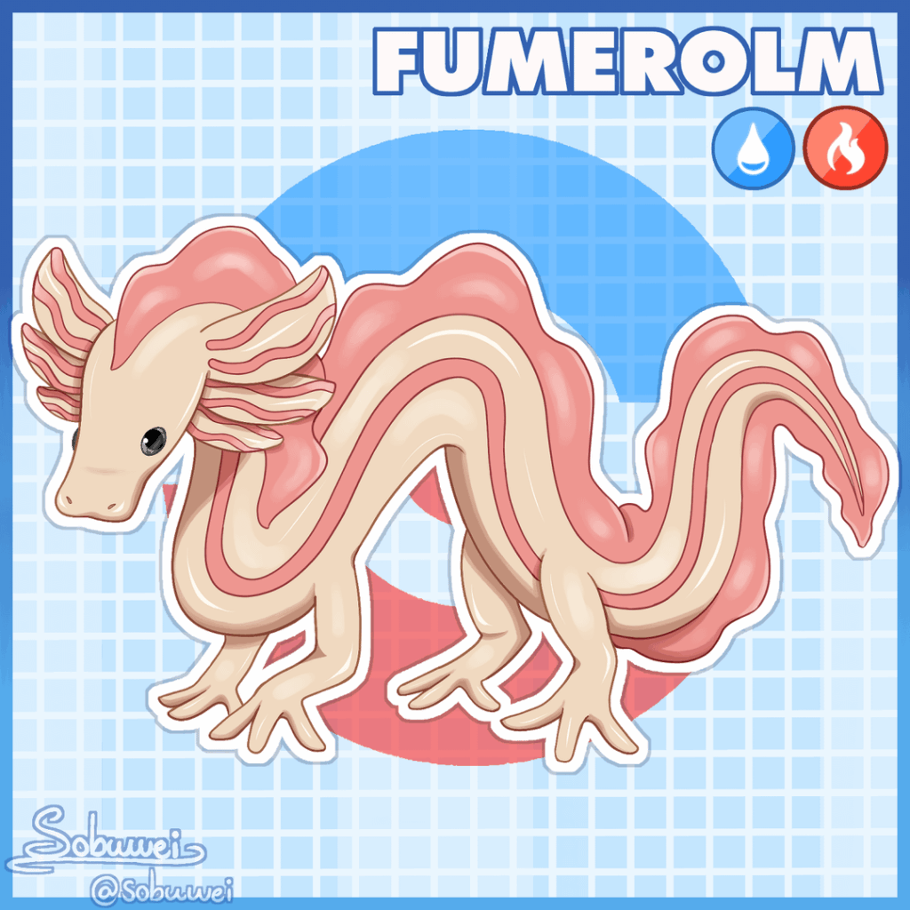 [OC] Boilotl has evolved into Fumerolm, the sauna Pokémon!