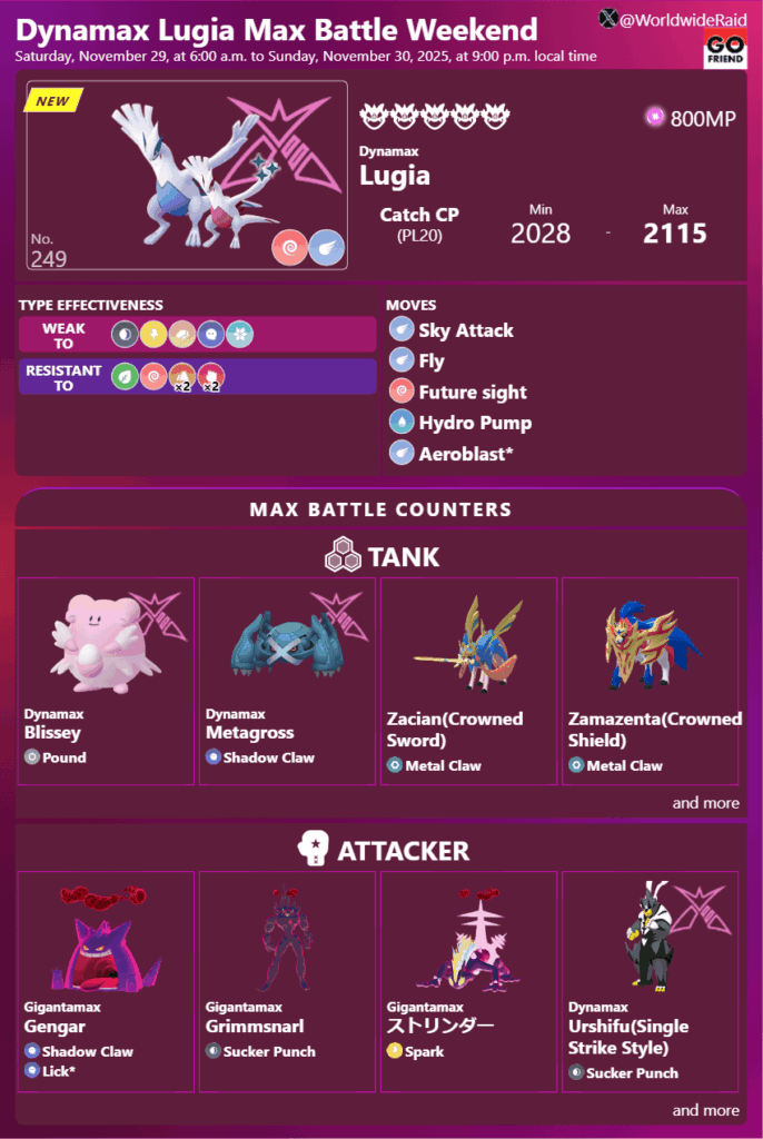 Dynamax Lugia Max Battle Weekend｜Saturday, November 29, at 6:00 a.m. to Sunday, November 30, 2025, at 9:00 p.m. local time(TIER5: Dynamax Lugia / *Dynamax debut! (Shiny debut too!))