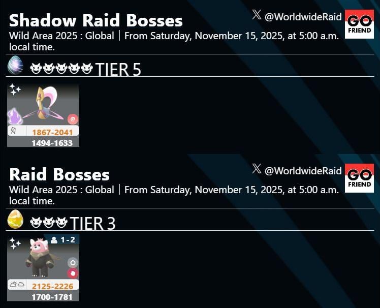 Wild Area 2025 : Global-Saturday｜Starts Saturday, November 15, 2025, at 5:00 a.m. local time (and likely runs until 8:00 p.m., as in the past).(TIER 5: Shadow Cresselia (Shiny Shadow worldwide debut!) / TIER 3: Bewear wearing a wilderness cape(Worldwide debut!))