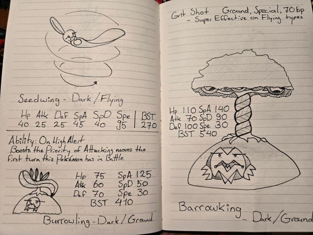 My first fakemon: Seedwing, Burrowling and Barrowking