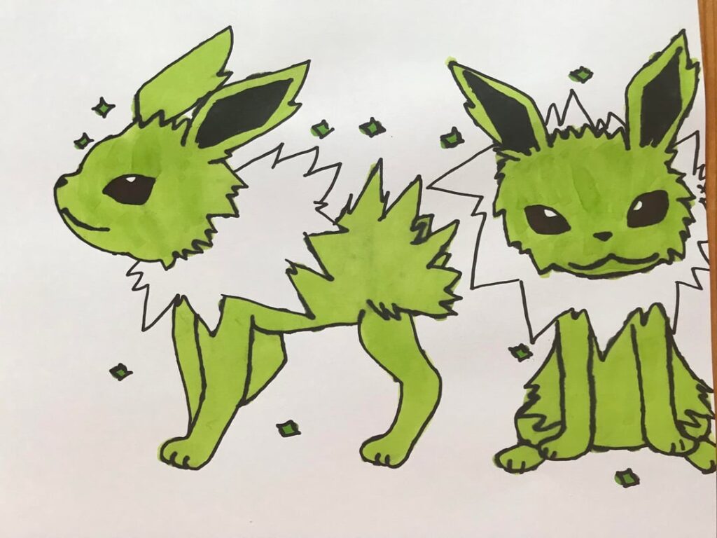 My younger sister drew Jolteon shiny and normal