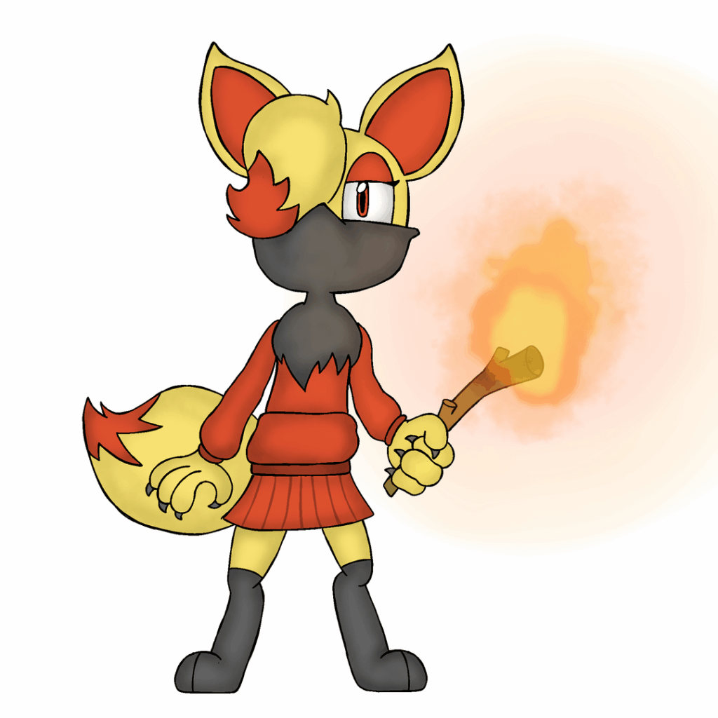 This is my middle stage cheerleading fox fakémon, a mix of braixen and raboot from Pokémon.