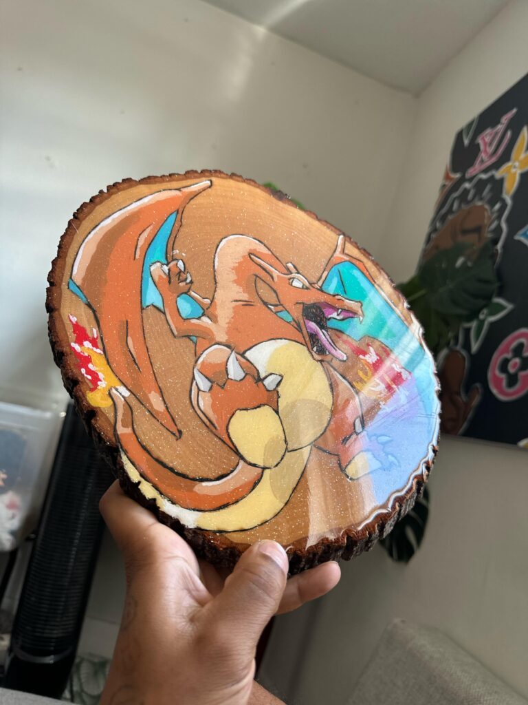 Hey , this is a wood burning I made hit with resin , it is avabible or I would love to make some custom work