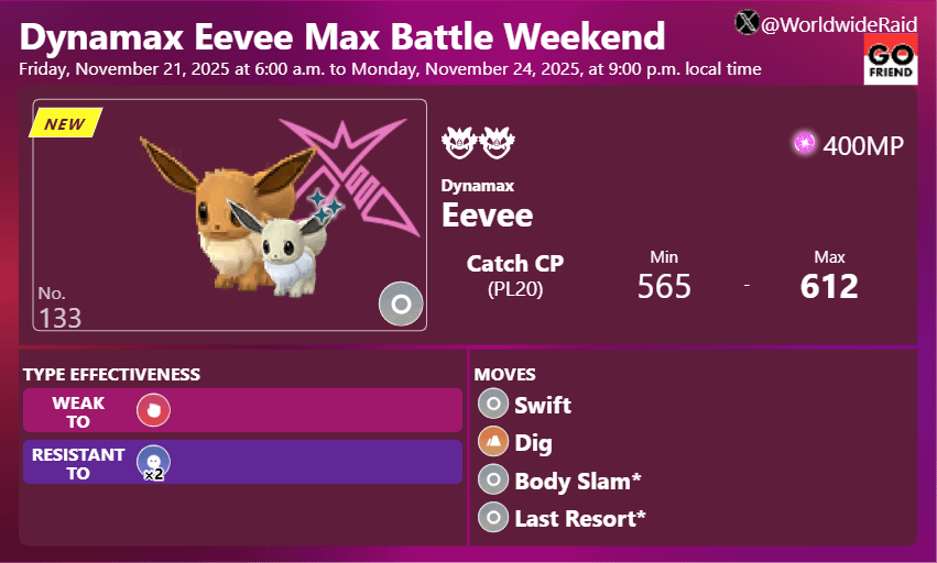 Dynamax Eevee Max Battle Weekend｜Friday, November 21, 2025 at 6:00 a.m. to Monday, November 24, 2025, at 9:00 p.m. local time(TIER2: Dynamax Eevee / *Dynamax debut! (Shiny debut too!))