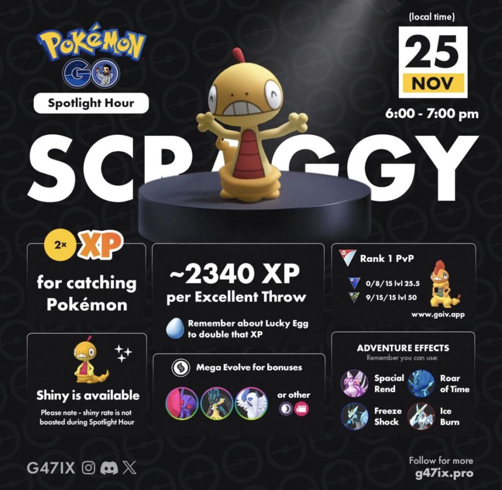 Scraggy Spotlight Hour 2x Catch XP