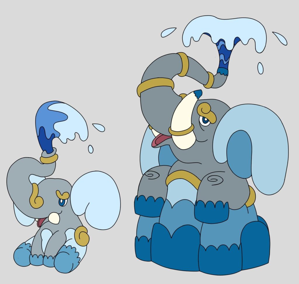 [OC] Meet Spoutrunk and Fountusk, a new Water/Rock type I designed