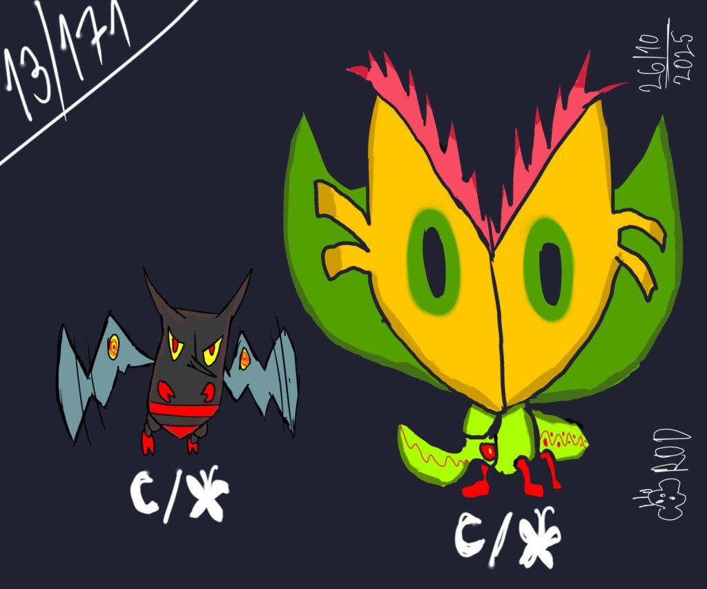 Scary peanut bug. It defends itself by using its frightening wings that resemble eyes, creating a feeling of uncanny valley in anyone who sees it. Its pre-evolution defends itself by making irritating noises. Dark and bug.