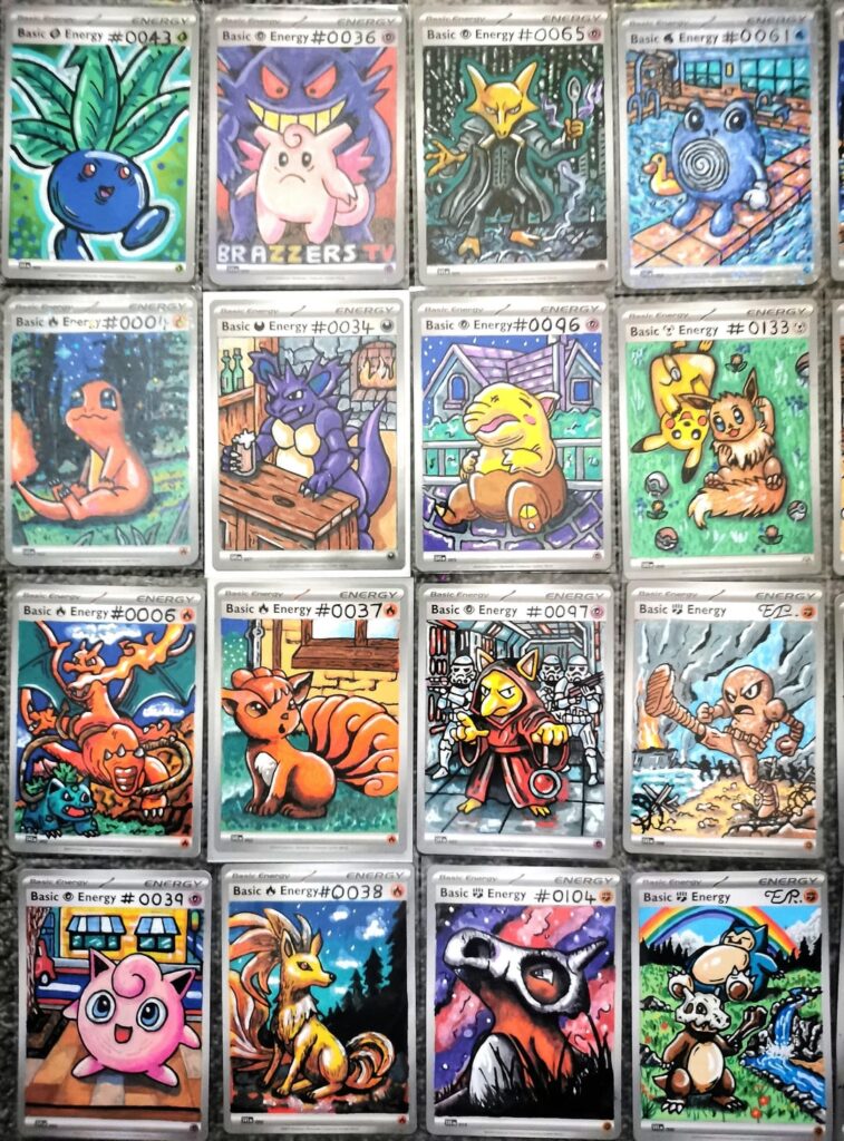 Some of my latest hand-painted Pokémon energy cards — a mix of originals and reimagined classics I’ve been working on.